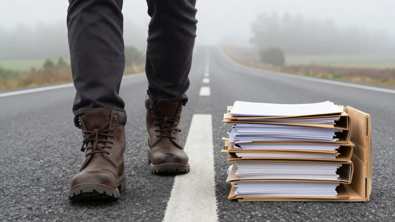 Boots walking on a road with a stack of documents nearby in the mist