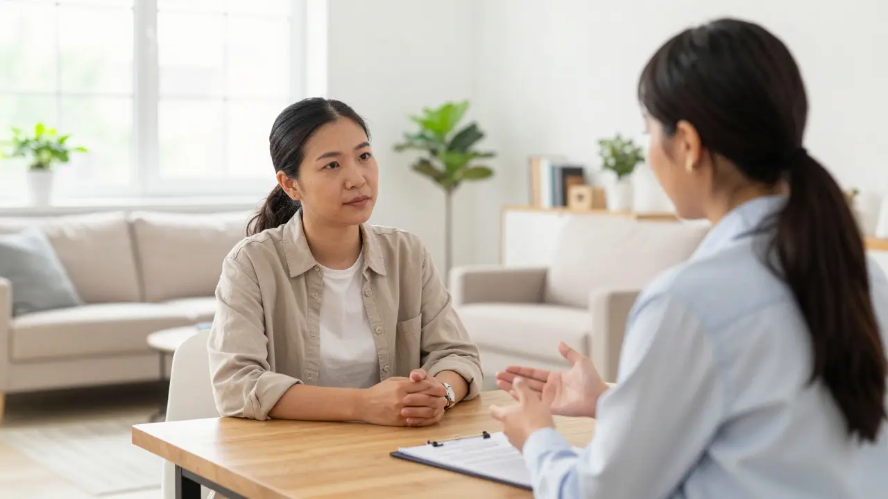 Case manager and resident talking in a bright transitional housing room