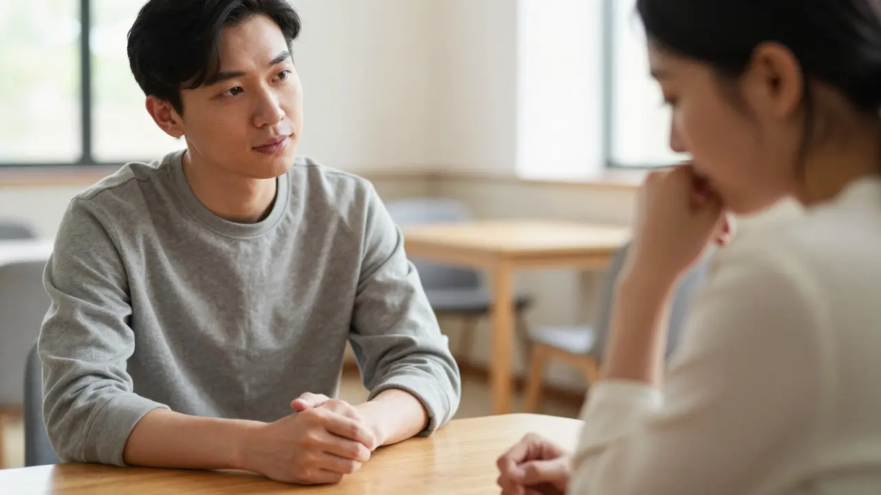 Close-up of a facilitator and participant engaged in active listening