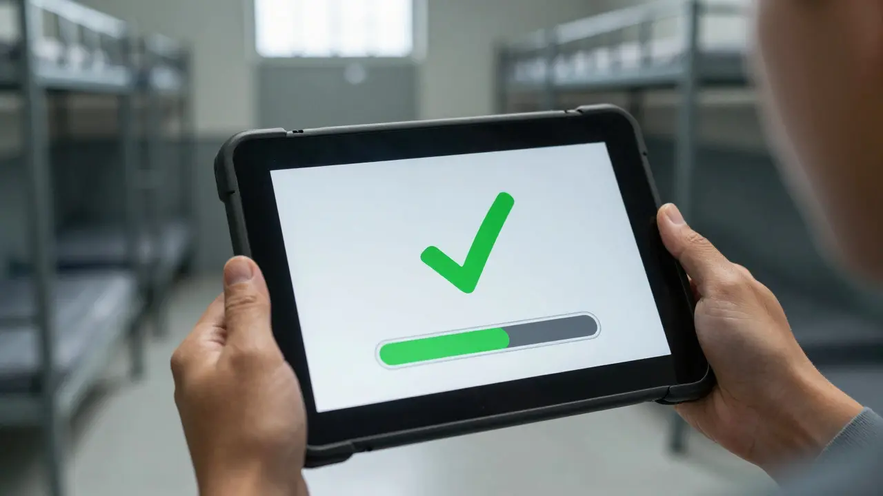 Close-up of a prisoner viewing a completed course notification on a tablet