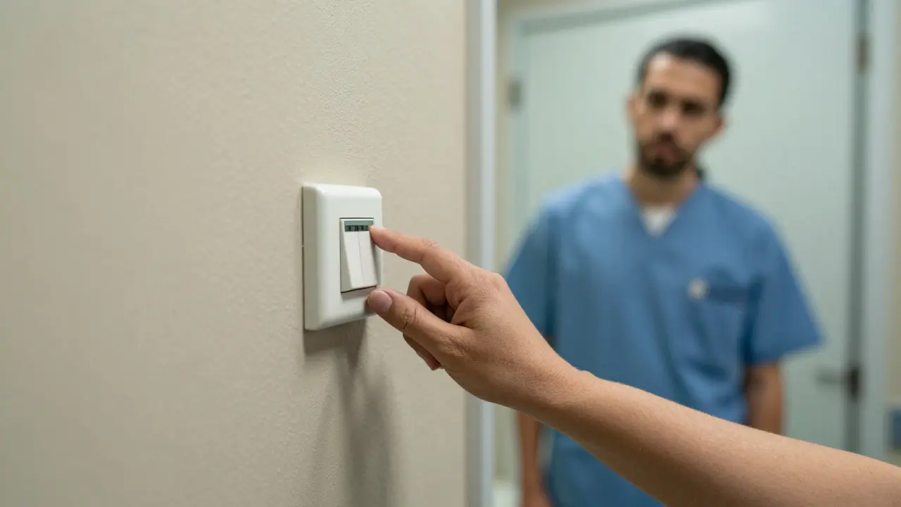 Close-up of a resident adjusting lighting controls in a calm, wood-accented detention unit.