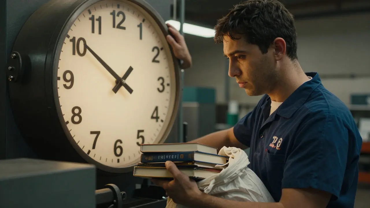 Close-up of an inmate balancing work duties and personal tasks near a clock