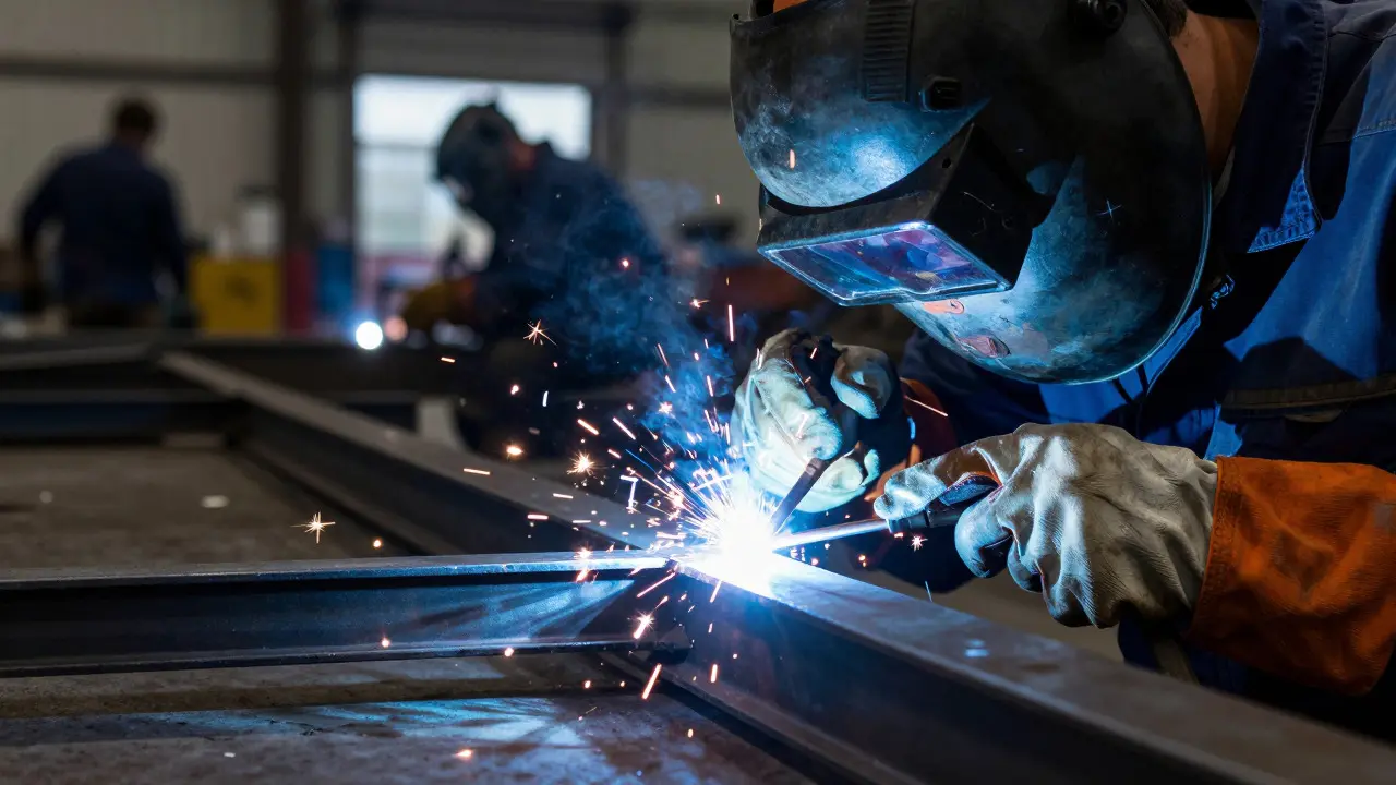 Close-up of an inmate performing precise TIG welding on steel