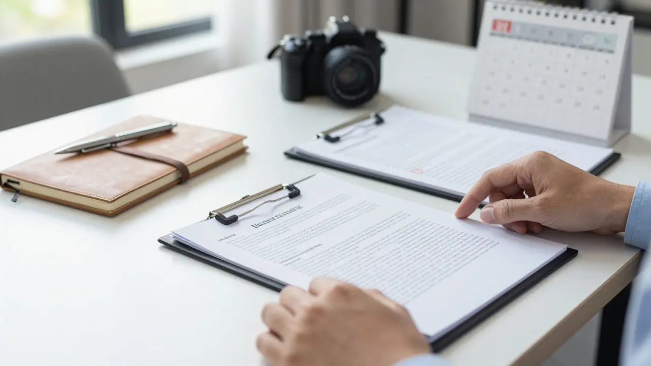 Close up of hands organizing a notebook, calendar, and file folder on a desk