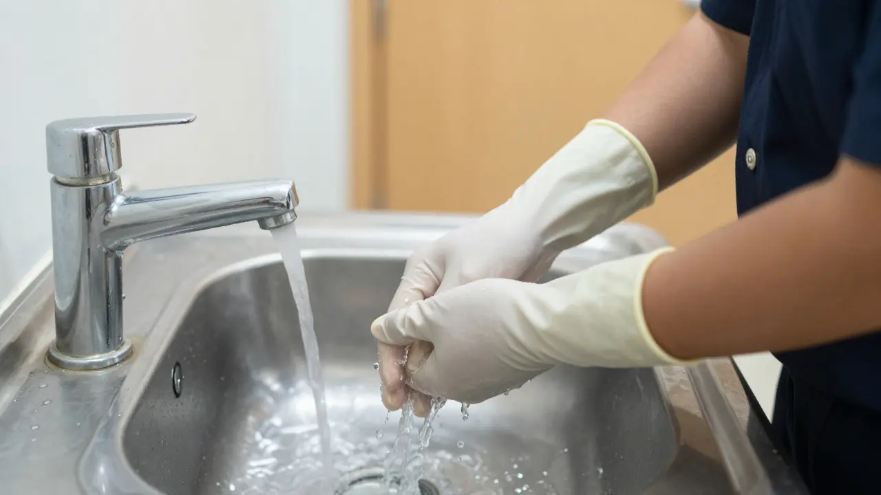 Close-up of hands washing at a sink in a prison bathroom