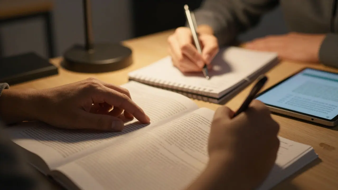 Close-up of hands writing notes in a notebook next to a textbook and tablet.