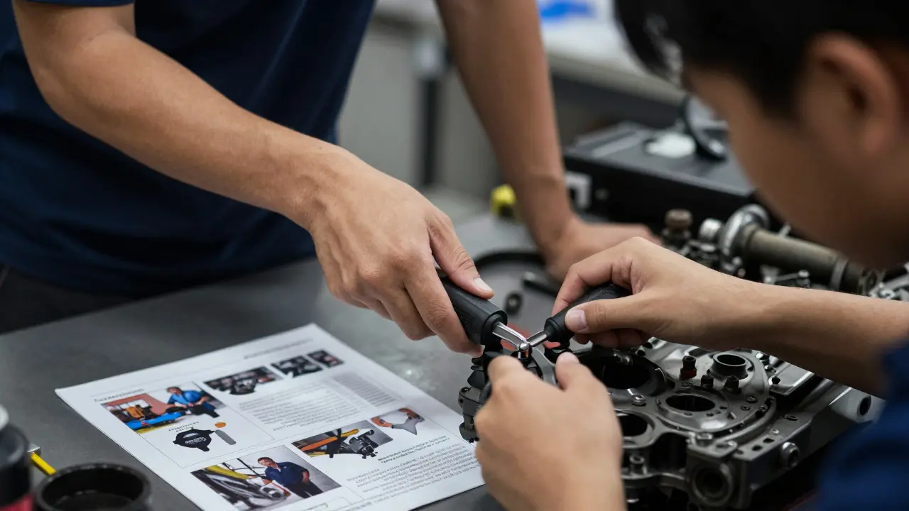 Close-up of instructor and student using ergonomic tools and visual guides during a vocational auto repair lesson
