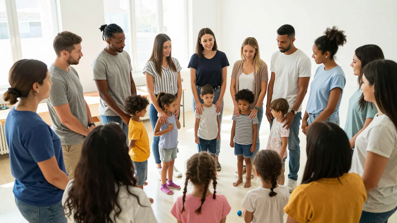 Community support group helping children and parents in a bright room