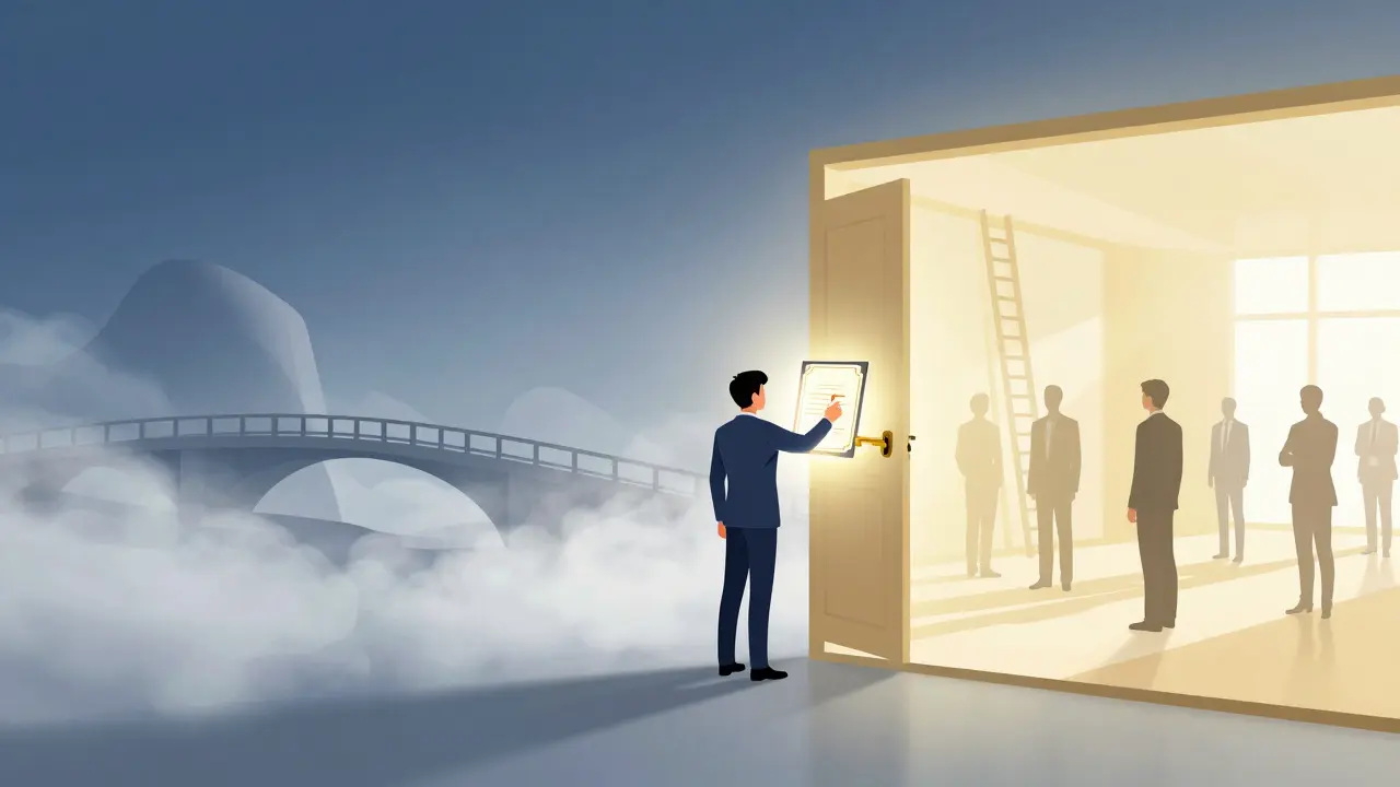 Conceptual art showing a graduate crossing a bridge from uncertainty to stable employment