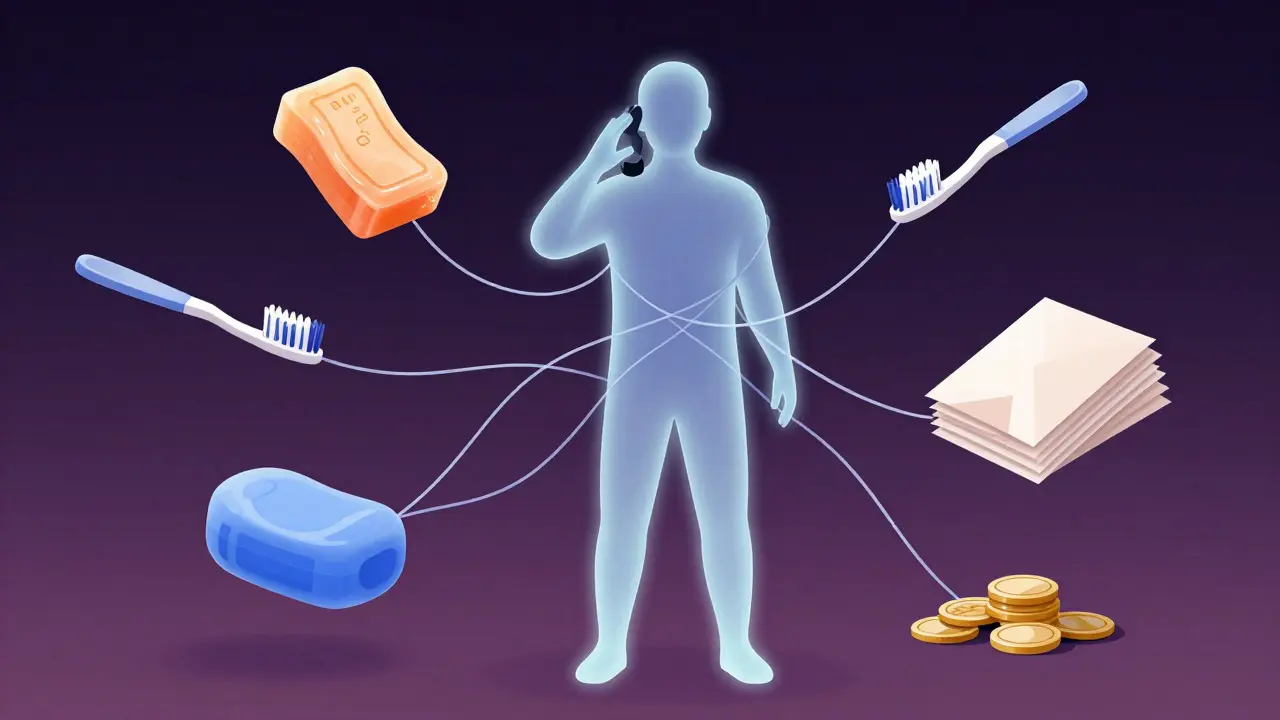 Conceptual art showing a person connected to soap and money by fraying wires