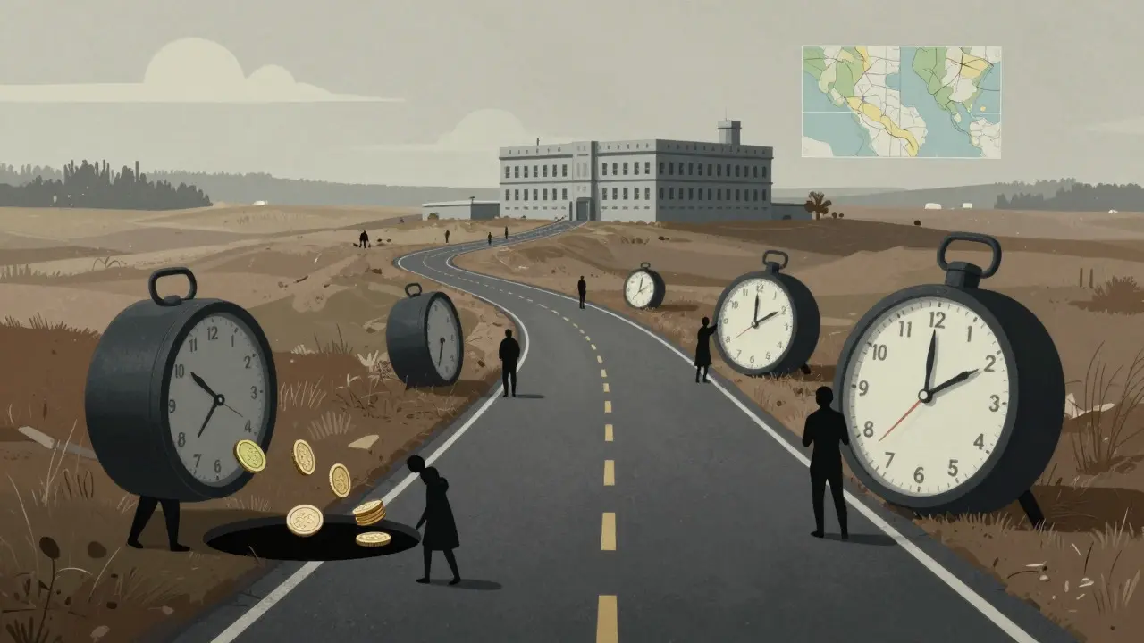 Conceptual art showing families struggling with distance and costs on the road to a prison