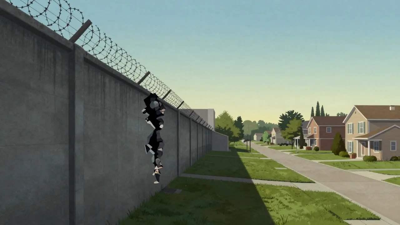 Conceptual art showing prison walls transforming into a suburban neighborhood