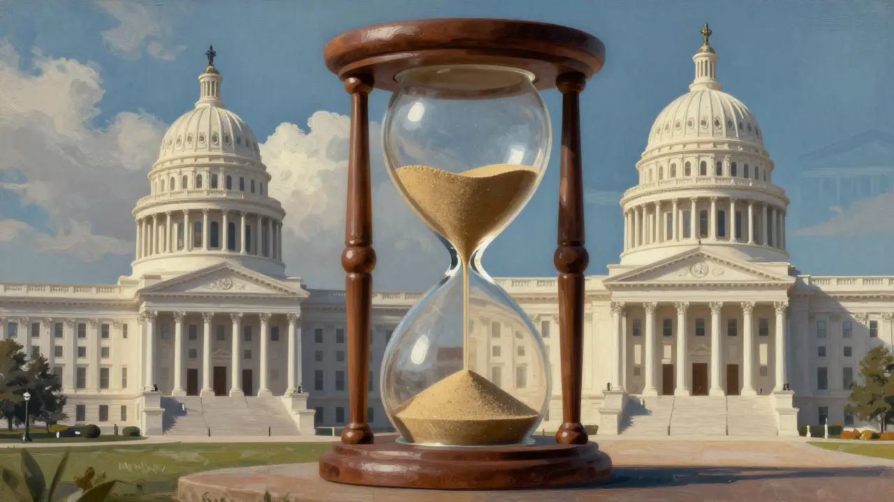 Conceptual art showing state and federal buildings with an hourglass