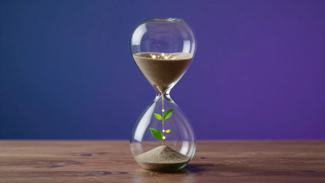 Conceptual hourglass with glowing orbs and leaves symbolizing time credits