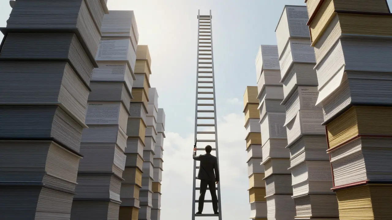 Conceptual ladder of legal documents leading to a bright sky