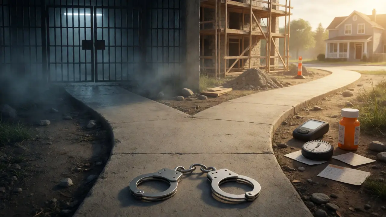 Conceptual view of two paths: one to prison bars, one to freedom, separated by parole conditions.