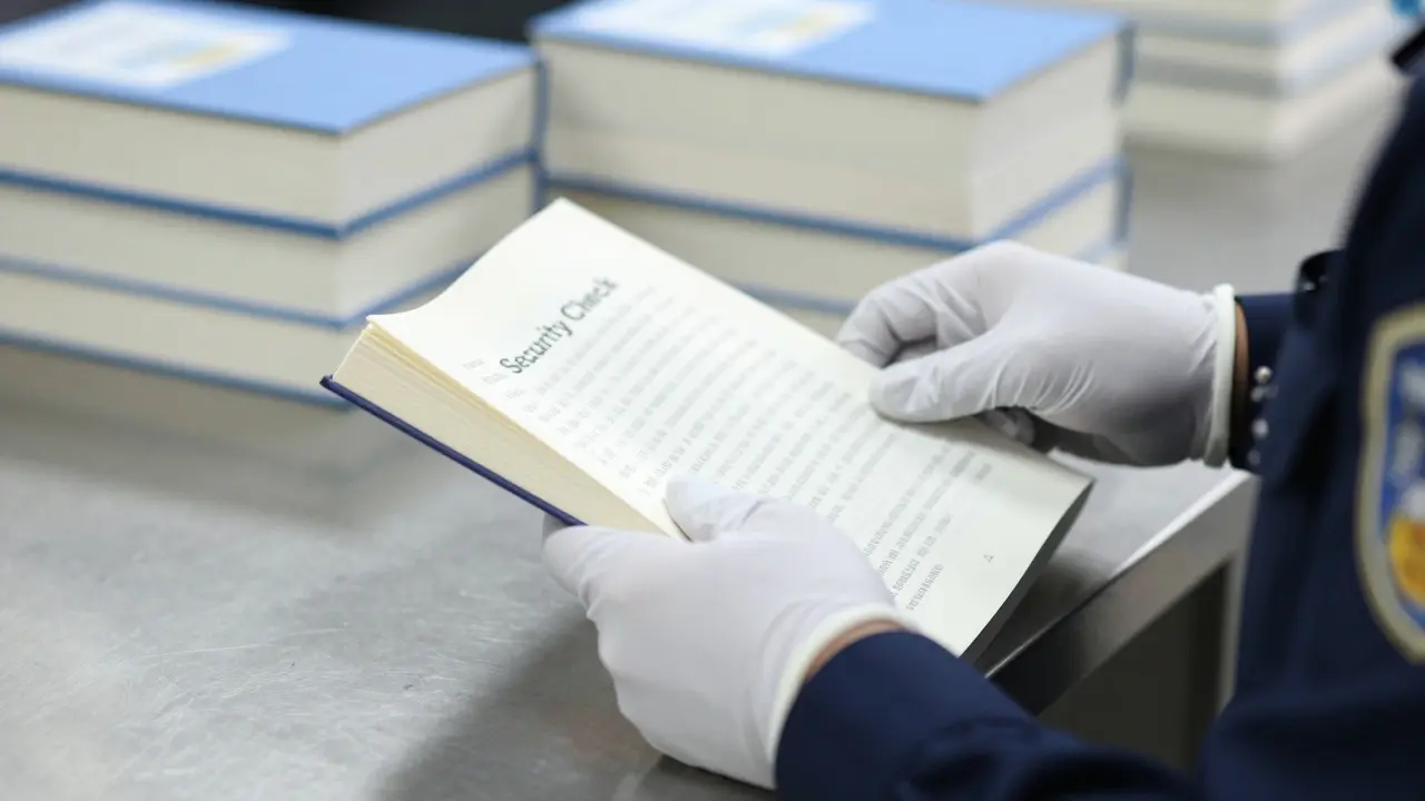 Correctional officer inspecting a book for contraband during a security check