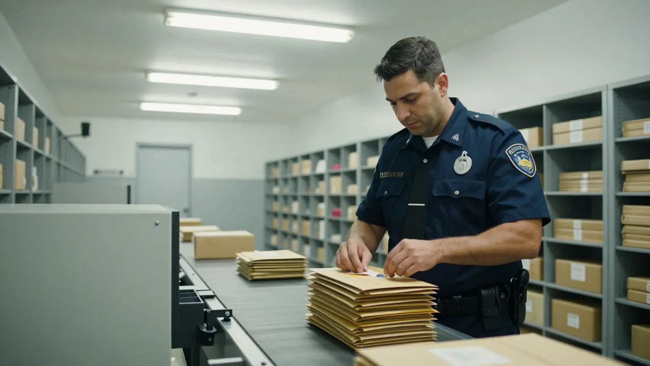 Correctional officer inspecting mail in a prison mailroom
