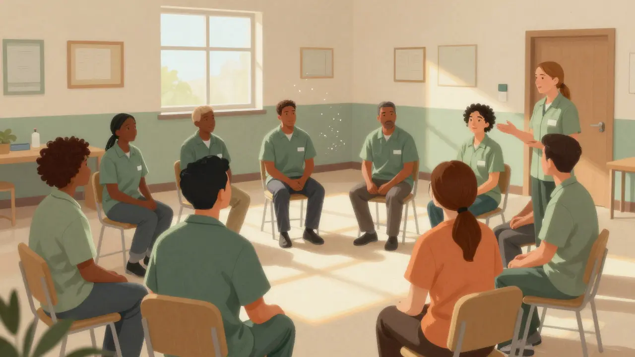 Counselor and inmates in a circle during a supportive therapy session
