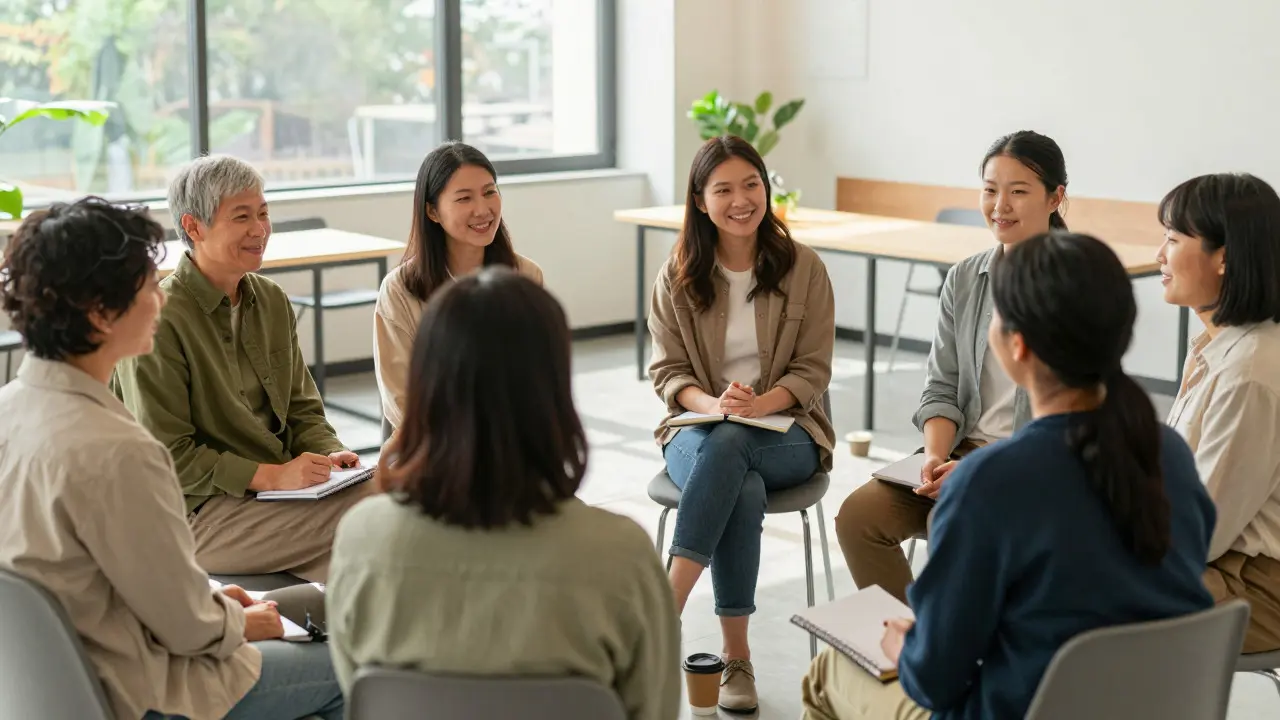 Diverse group of people sharing experiences in a supportive circle during a meeting