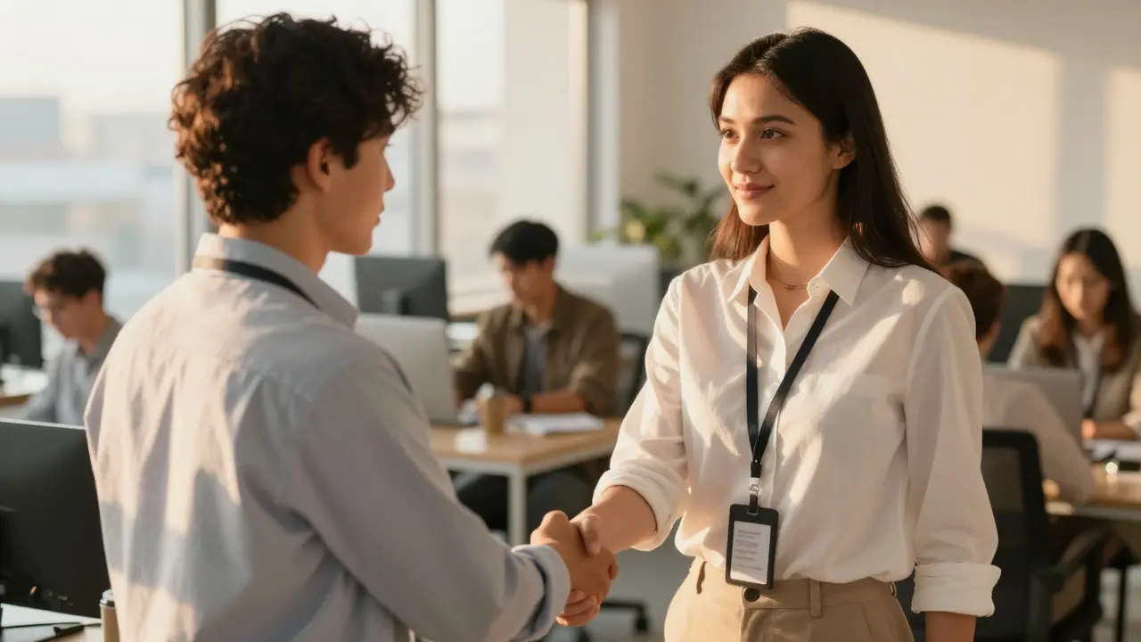 Employer shaking hands with a new hire in a sunlit office
