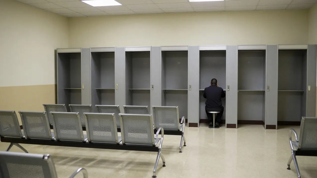 Empty prison phone booths with one person sitting alone in a silent room