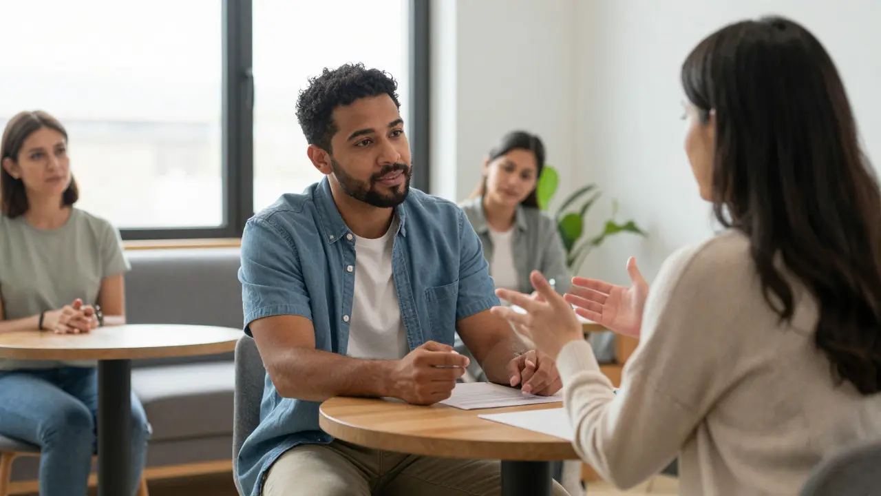 Facilitator discussing thinking patterns with a participant in a counseling session