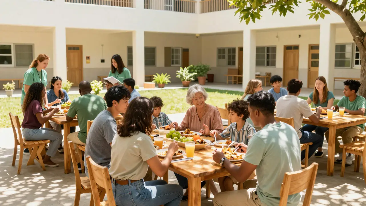 Families sharing a meal in a sunny outdoor courtyard with community volunteers present