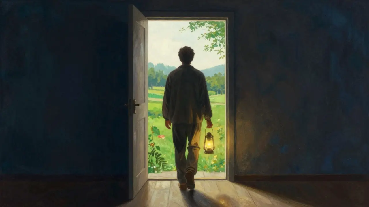 Figure stepping from a dark room into a bright outdoor landscape