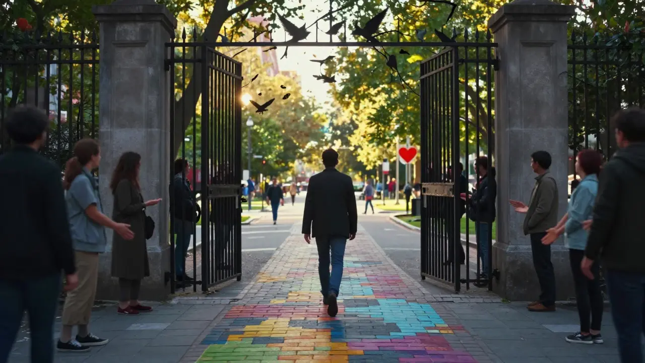 Figure walking out of a prison gate into a bright community park