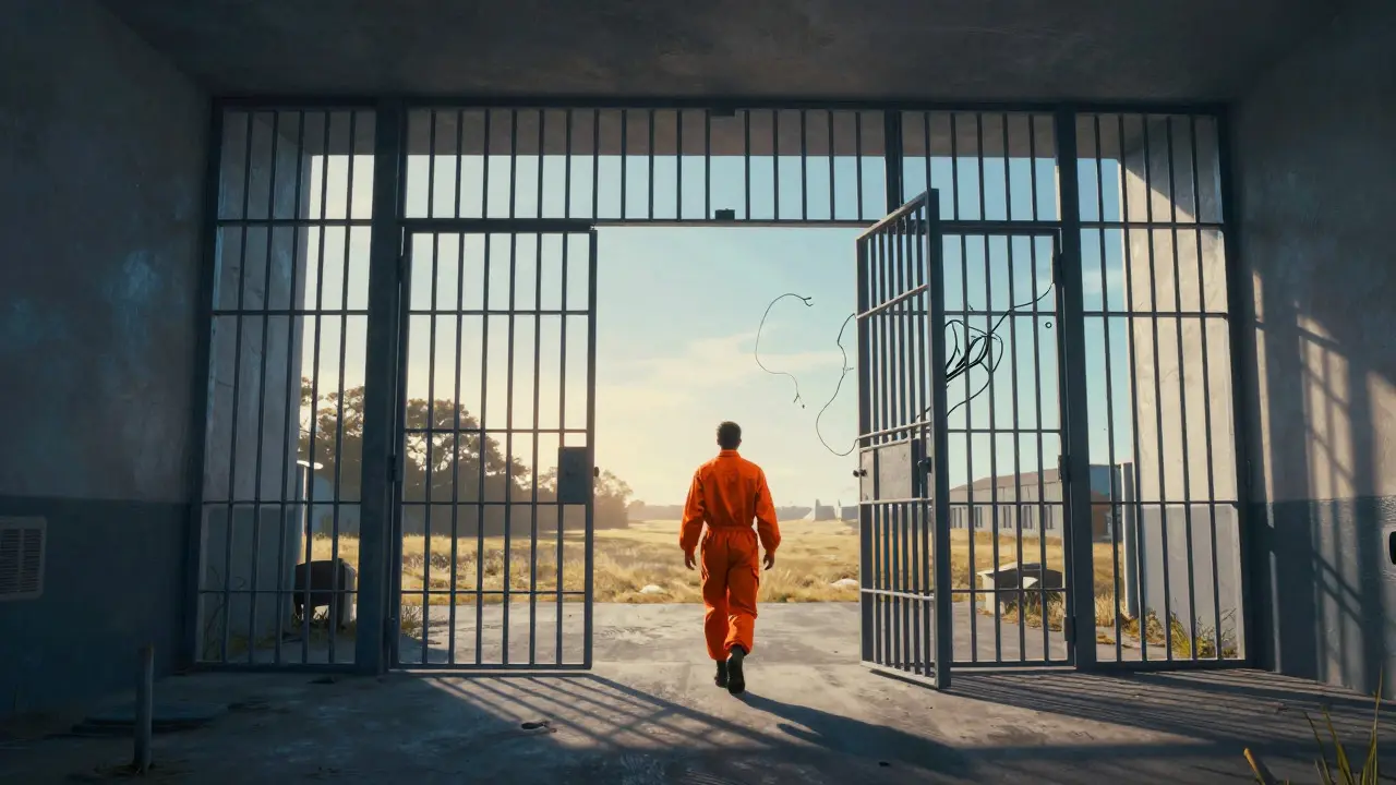 Figure walking out of a prison gate into a bright, open landscape