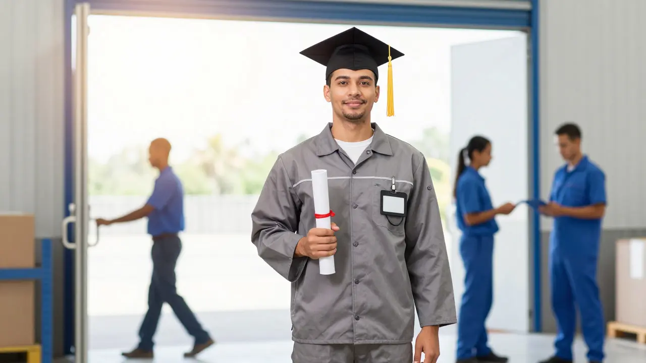 Former inmate holding a certificate at the entrance of a modern distribution center