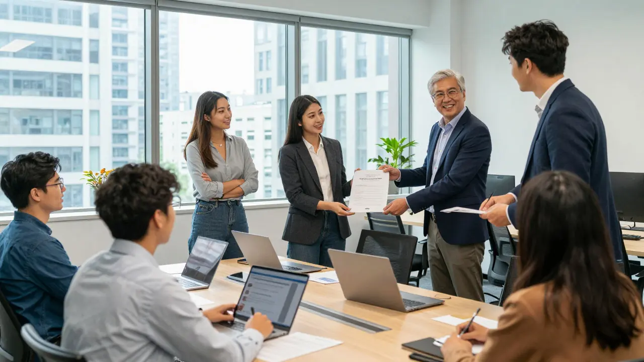 Former vocational students receiving promotions and collaborating in a professional office