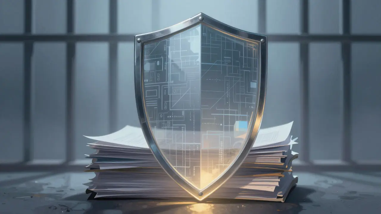 Glass shield protecting documents behind prison bars
