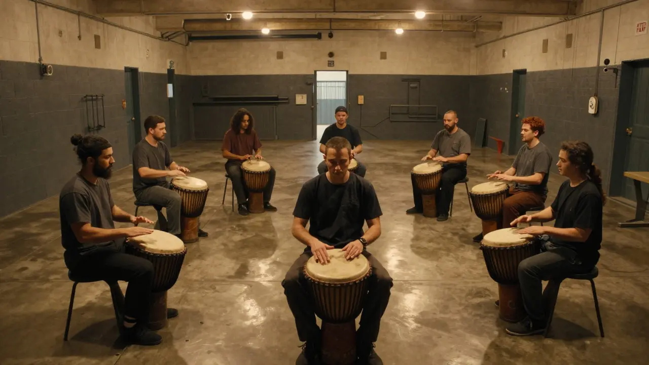 Group of inmates playing drums together in a circle in a prison hall