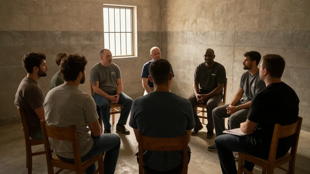 Group of men in a circle during a prison support meeting