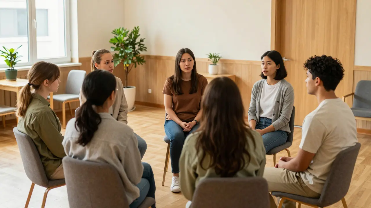 Group of people in a circle during a restorative justice session in a bright room