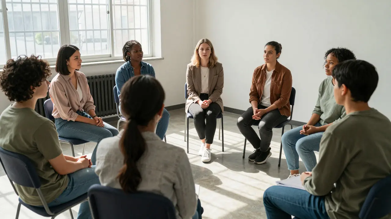 Group of people participating in a peer support therapy session