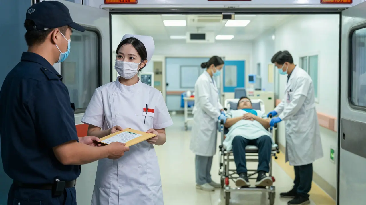 Guard handing medical records to a nurse as a prisoner enters the hospital ER