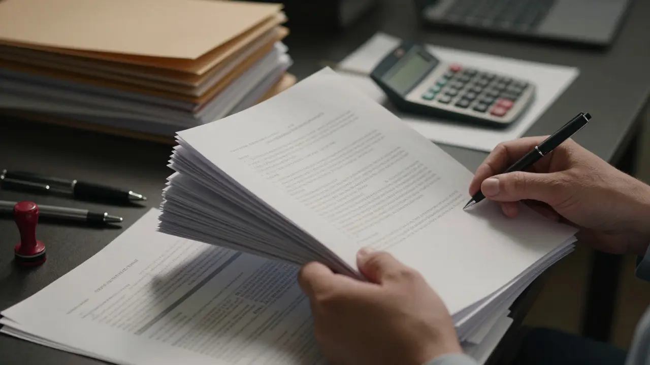 Hand holding legal documents and a calculator on a cluttered desk
