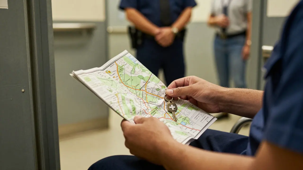Hands holding a resource map and medical keychain near a jail exit door