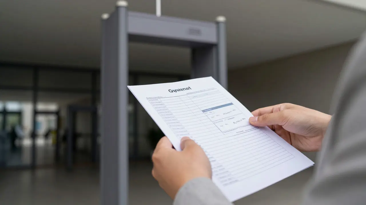 Hands holding an ID and checklist near a prison metal detector