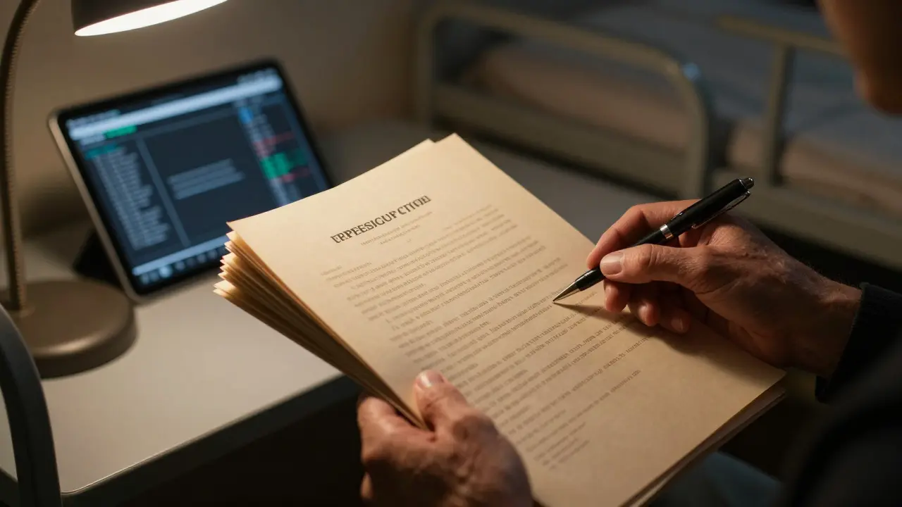 Hands holding legal documents next to a glowing tablet in a prison cell