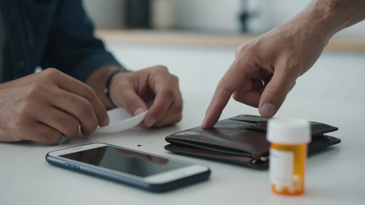 Hands inspecting personal items like a phone and pills