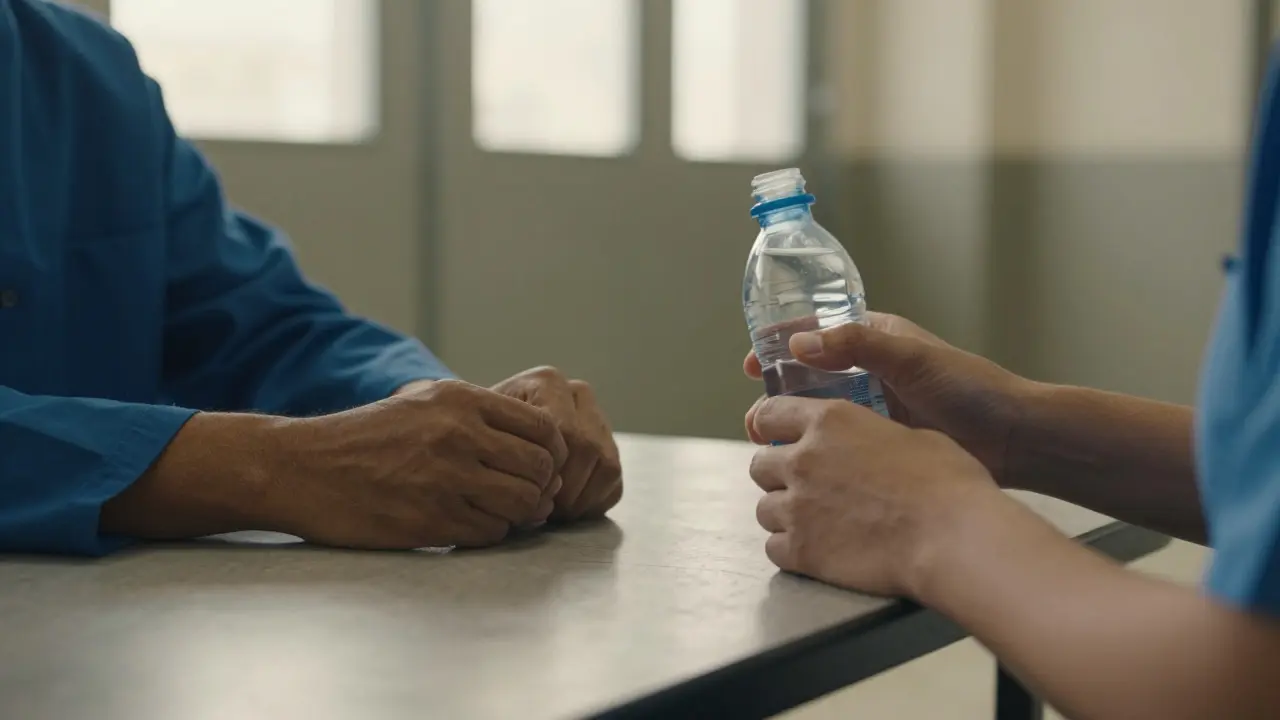 Hands of a visitor and inmate reaching across a table during a contact visit.