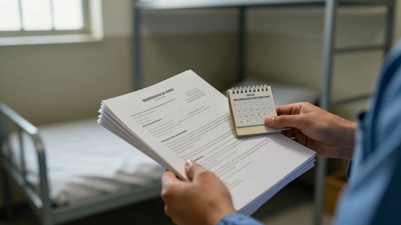 Hands of an inmate organizing legal documents and a calendar in a cell