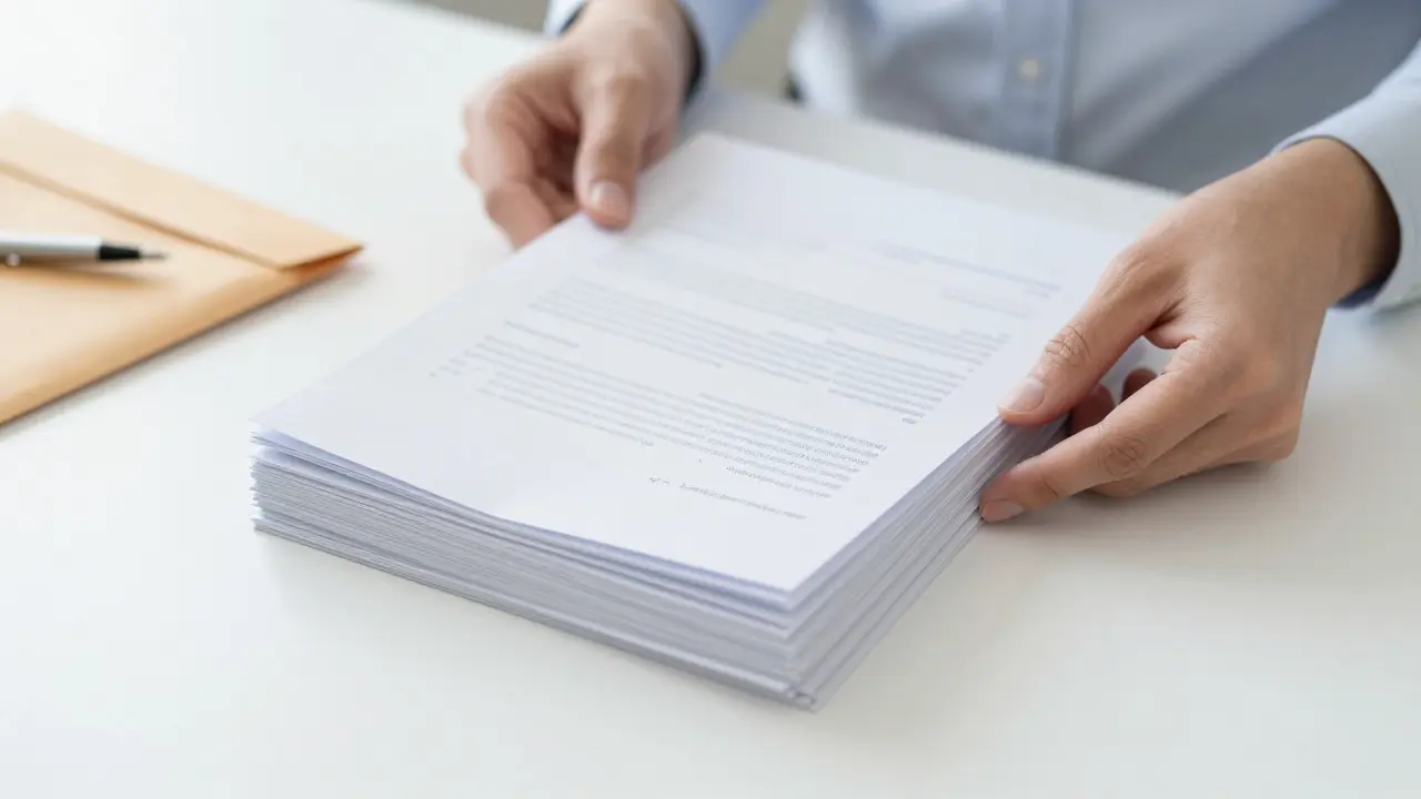 Hands organizing a stack of official documents on a table