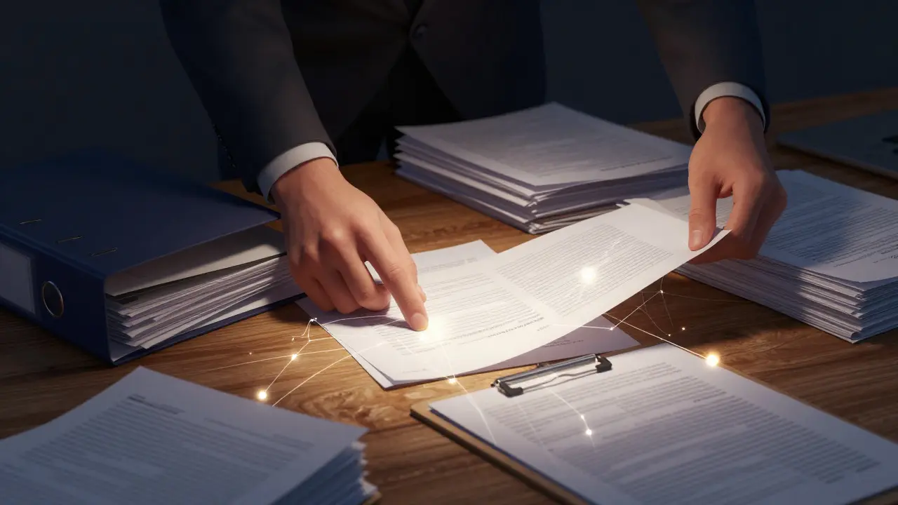 Hands organizing legal documents and data files under a spotlight