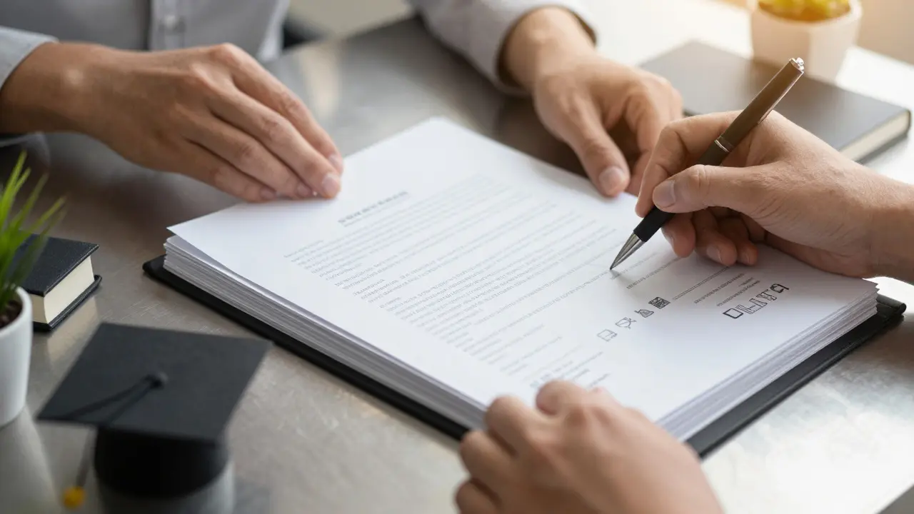 Hands organizing rehabilitation certificates and documents on a prison desk