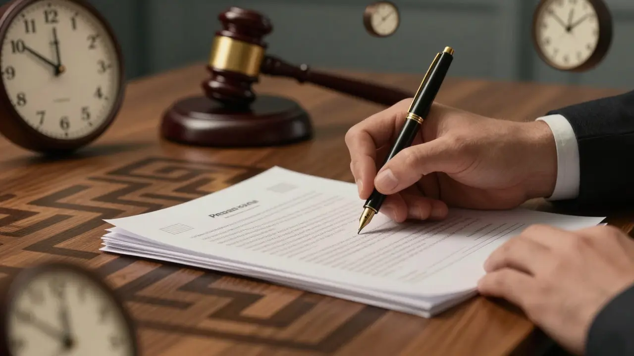 Hands writing on documents surrounded by clocks and a gavel symbolizing legal deadlines